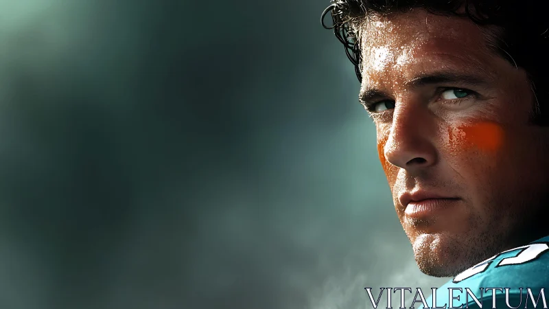 Focused game-time gaze of determined football player.