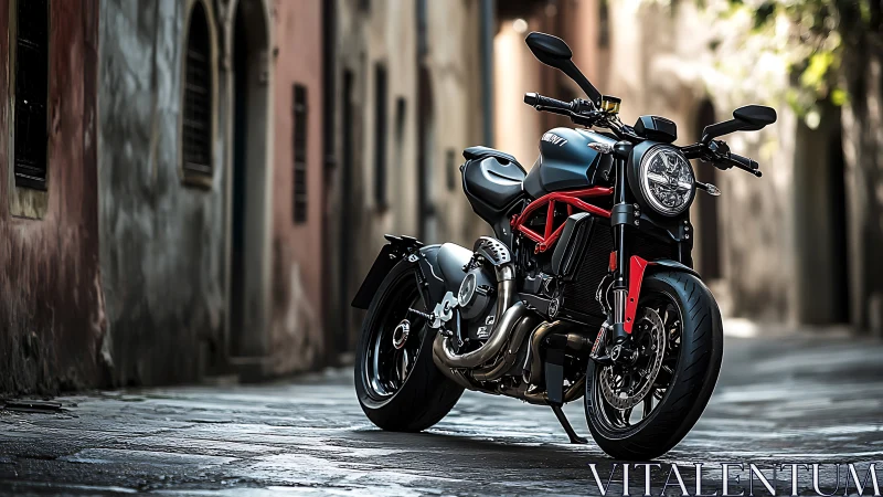 Matte black Ducati streetfighter motorcycle in narrow stone alley