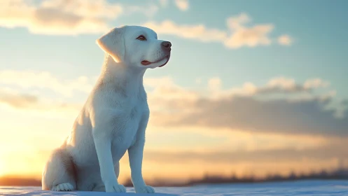White dog gazes over snowy field in soft golden sunrise