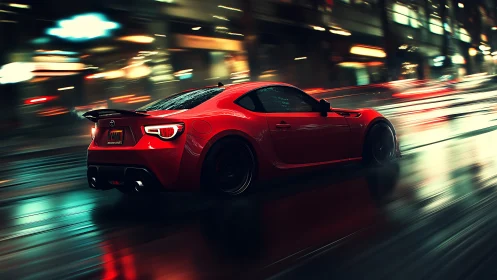 Red sports coupe accelerates through wet city streets at night