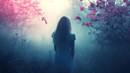 Girl in misty forest with pink foliage under soft light.