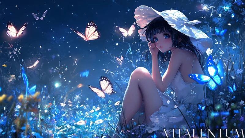 Girl in white dress watches glowing butterflies at night meadow