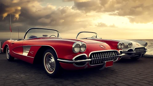 Classic red convertibles line coastal promenade at sunset