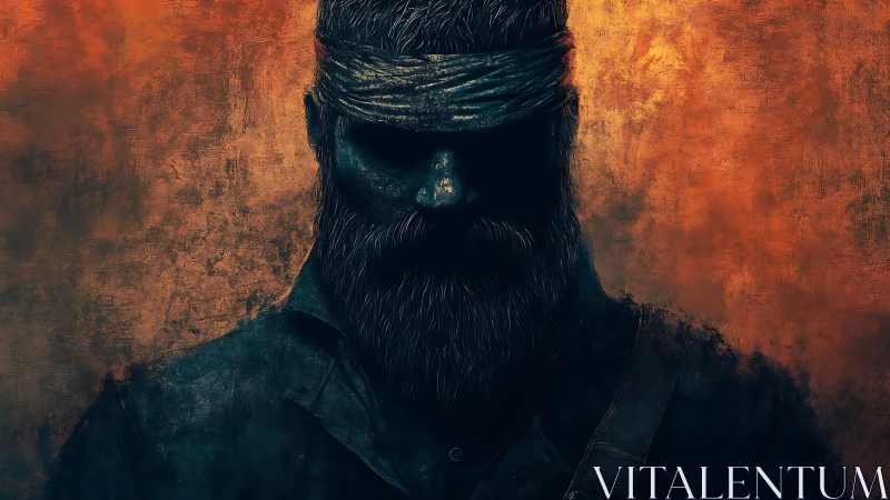 Brooding warrior stands in shadow against a burning sky