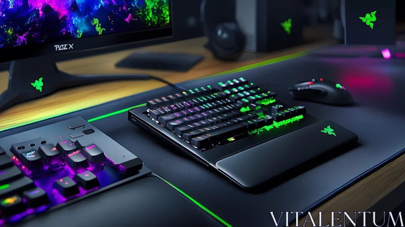 Gaming peripherals with RGB lighting on desk setup.