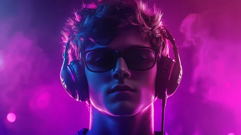 Young person with headphones sits under magenta studio lights