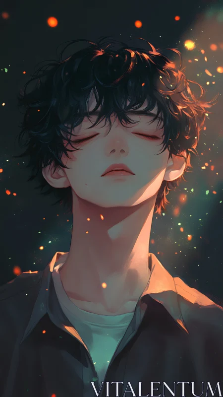 Young dreamer bathed in glowing embers and soft twilight.