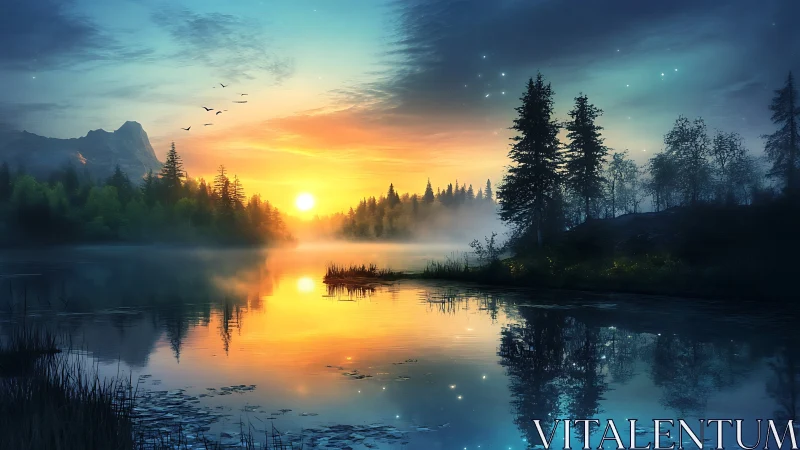Digital painting of luminous dawn over tranquil forest lake.