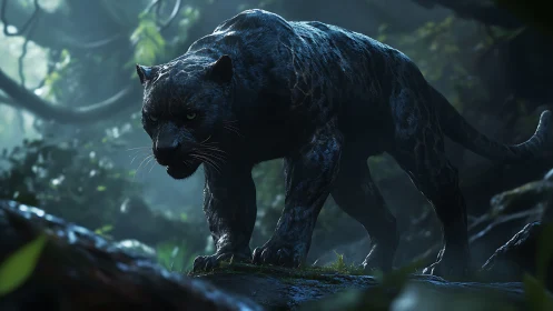Black Panther in Jungle Setting with Atmospheric Lighting.