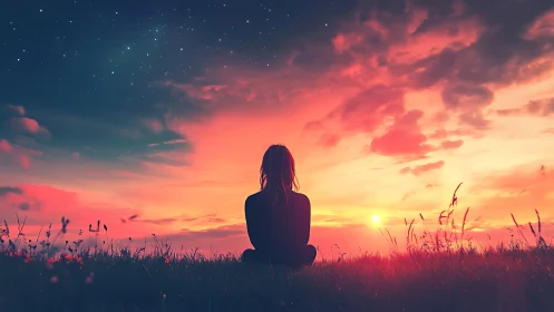 Silhouette meditates under glowing sunset and emerging stars.