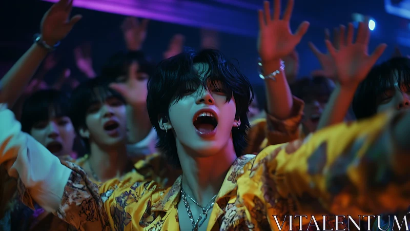 Energetic crowd singer leads a neon lit nightclub celebration