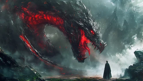 Lone cloaked hero confronts colossal dragon in burning mist