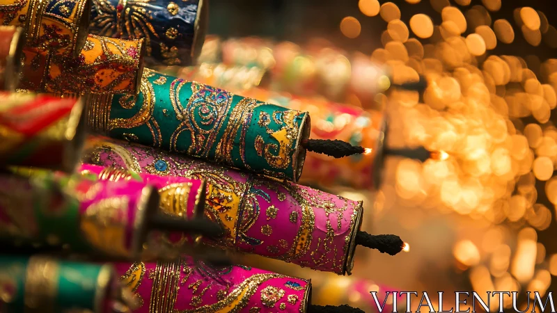 Colorful festive fireworks wrapped in sparkling patterns.