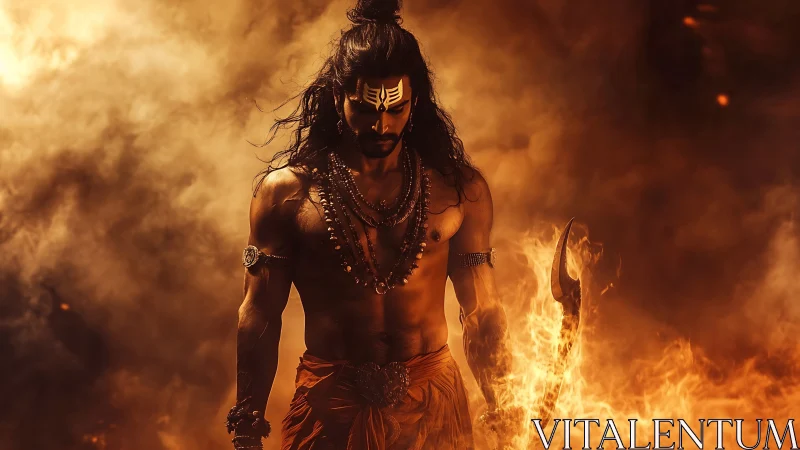 Fiery warrior strides through swirling inferno haze.