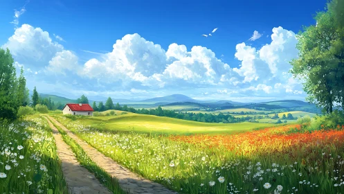 Sunlit rural valley rendered with saturated color gradients and depth