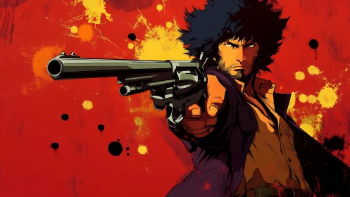 Gunman aims revolver against bold red splatter backdrop.