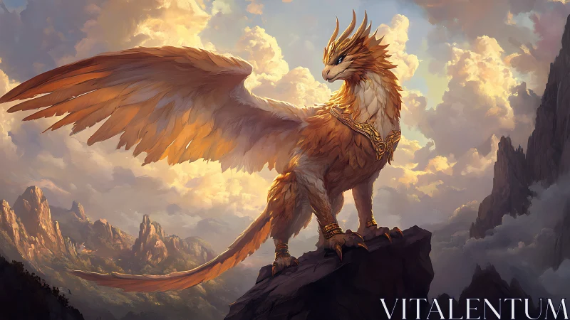 Sunlit gryphon spreads coronation wings above storm-worn peaks