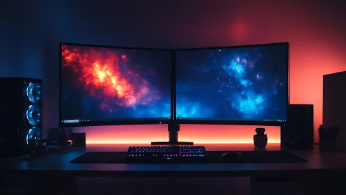 Dual curved monitors display space scenes on RGB-lit desk
