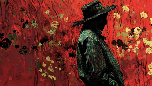 Silhouetted figure in hat amid red abstract floral field