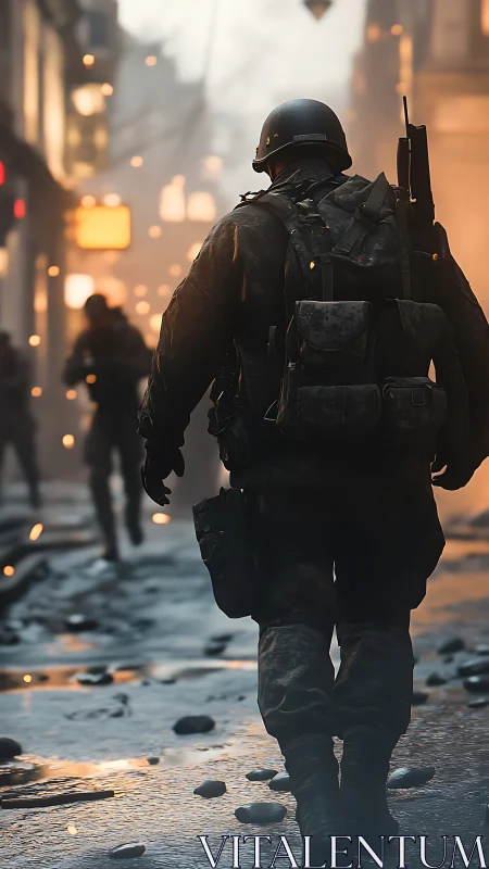 Photorealistic urban soldier study with cinematic depth of field.