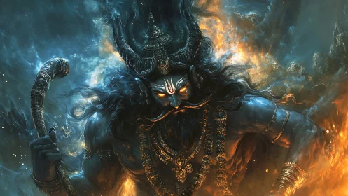 Mythic war god emerges from storm and fire in vivid detail.