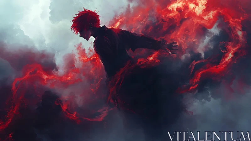 Red haired figure in swirling red and black smoke environment.