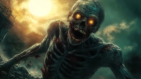 Sunlit horror stroll with a glowing-eyed skeletal ghoul.