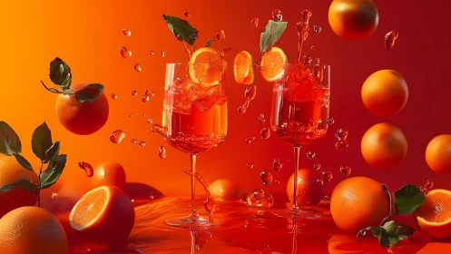 Orange juice cocktail with citrus fruits splashing against red gradient background