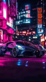 Neon-lit hypercar prowls a cyberpunk city street at night