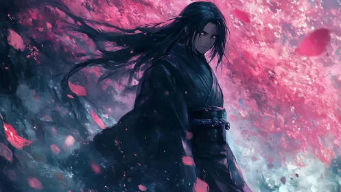 Dark-robed anime swordsman stands amid turbulent sakura storm