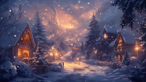 Snow-laden alpine village glows with warm nocturnal luminance