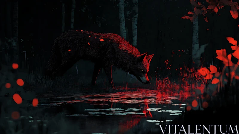 Fox observing forest pond under red accent lighting at night.