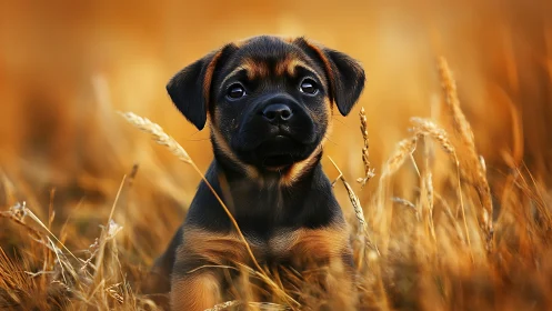 Puppy daydreams in golden meadow light, quietly hopeful.