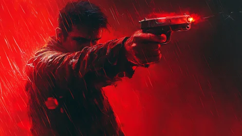 Man aims handgun in heavy red rain with muzzle flash