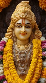 Radiant deity idol wrapped in golden marigold garlands.