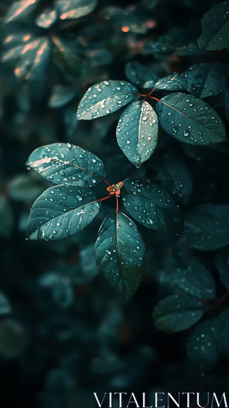 Rain-kissed green leaves glow softly against a dark forest