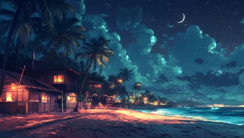 Phosphorescent Nocturnal Beach Settlement with Bioluminescent Atmospheric Rendering.