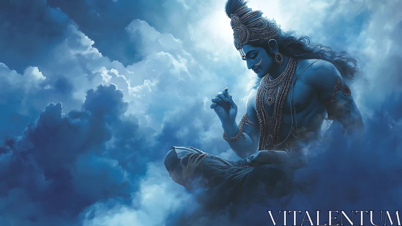 Serene celestial figure meditates gently in soft blue clouds