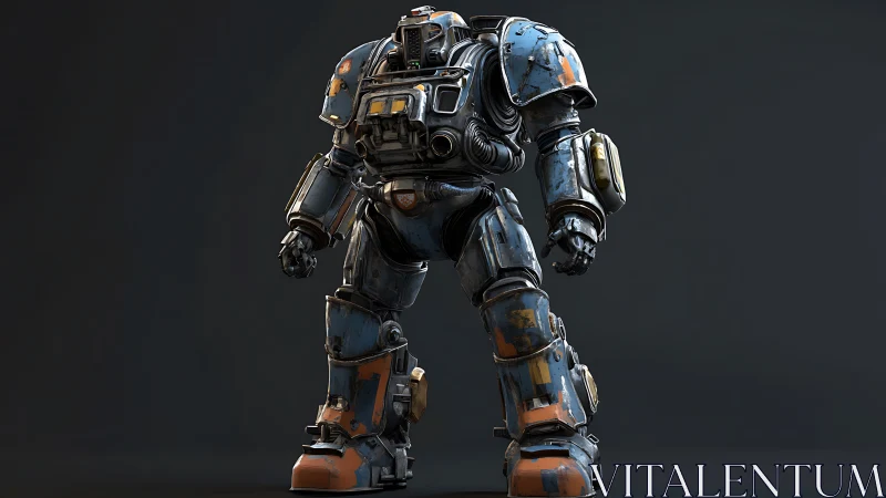 Battleworn blue mech knight broods in industrial armor.