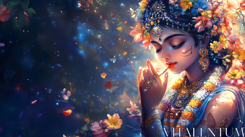 Digital painting portrait with floral celestial ornamentation.