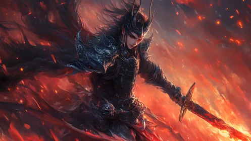 Demonic warlord in black armor amid erupting firestorm.