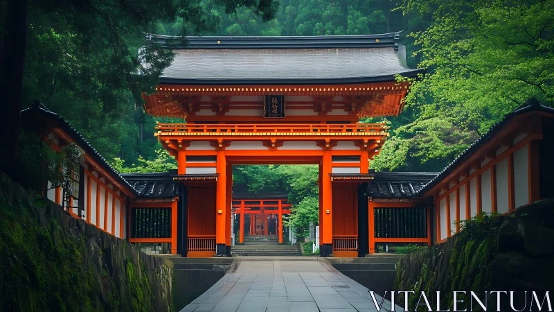 Vermilion temple gate in forested setting under soft light.