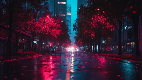 Neon rainstorm kisses midnight avenue in electric bloom.