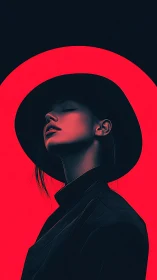Profile portrait of woman in hat against red halo background.