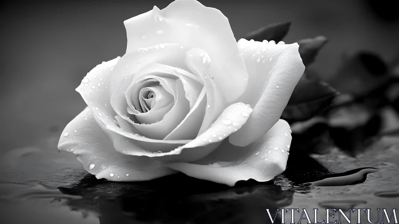 White rose close-up with water droplets in soft focus.