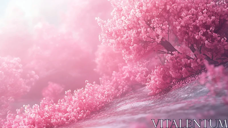 Cotton-candy groves drift upward through misty pink light