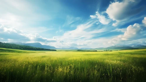 Sunlit grassland extends toward distant alpine mountain range