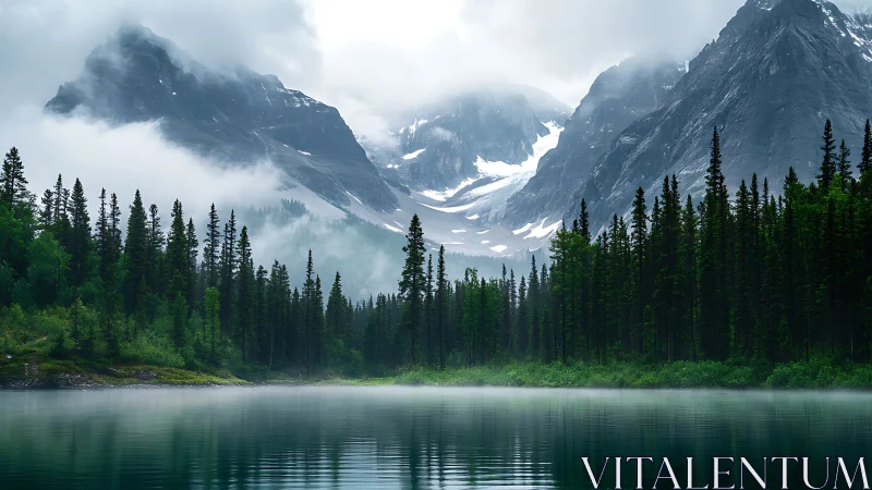 Foggy mountain lake with dense evergreen forest reflection.