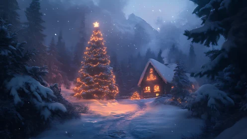 Cozy winter cabin and glowing Christmas tree in snowfall.