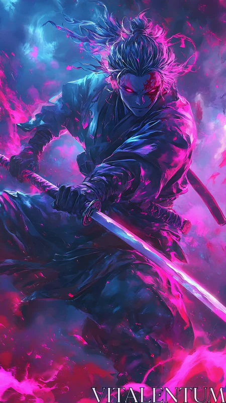 Neon samurai channels dark power amid swirling energy.